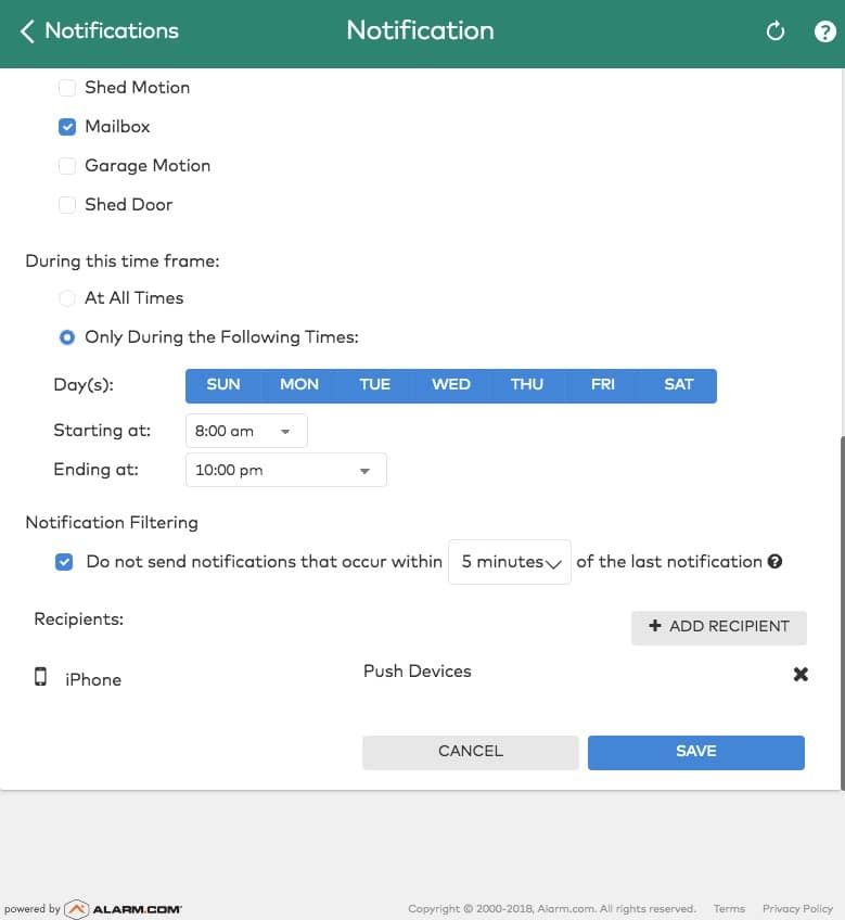 Alarm.com Notification Settings