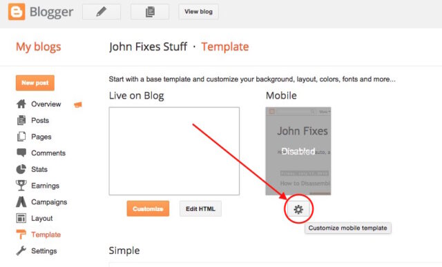 Blogger-Mobile Template Settings Button