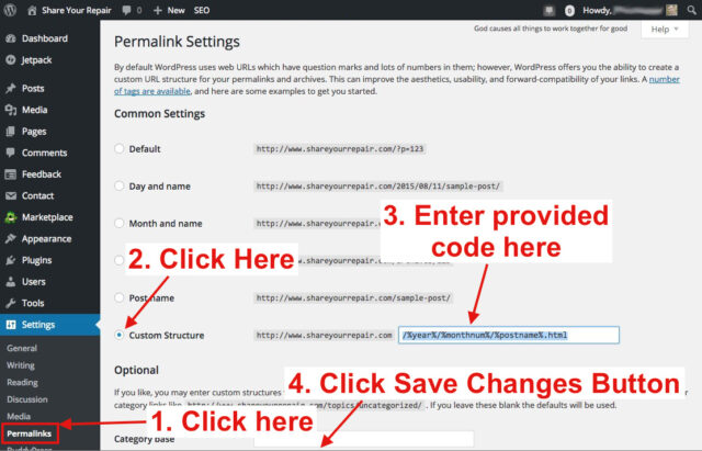 Blogger to WordPress-WordPress Settings-Permalinks-Custom Structure