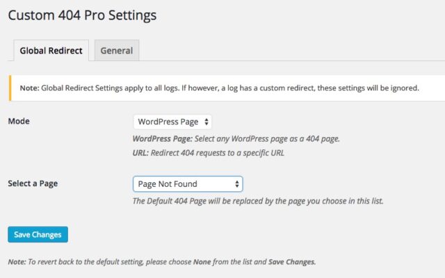 Custom 404 Pro Settings Custom 404 Page Selected