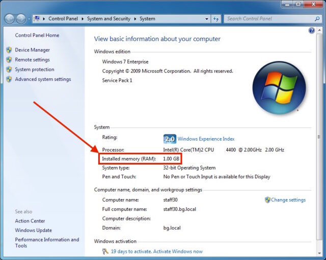 Determining Installed RAM in Windows 7-Control Panel-System and Security-System-1GB RAM