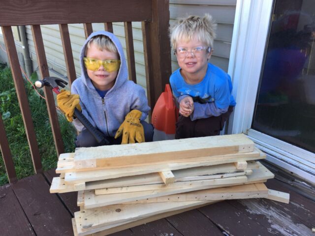 The pile of wood from a disassembled pallet