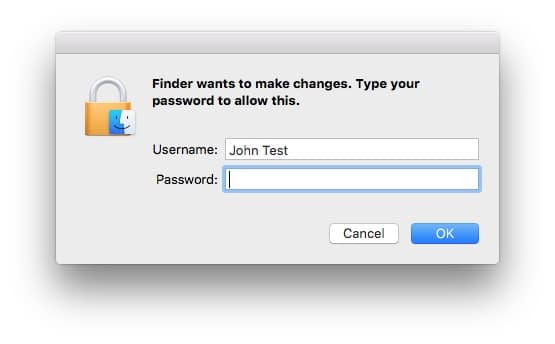 Finder Wants to make changes.  Type your password to allow this.