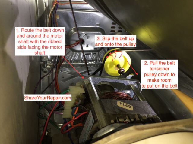 Steps for reinstalling the belt on the motor shaft and pulley