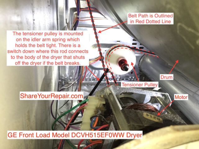 The location of the drive belt, tensioner pulley, and belt path