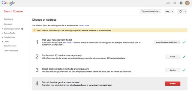 Google Webmaster Tools Change of Address Page
