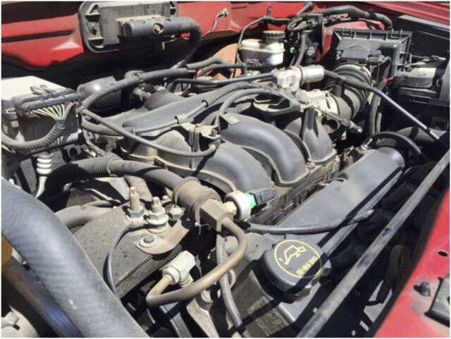 The engine bay before cleaning