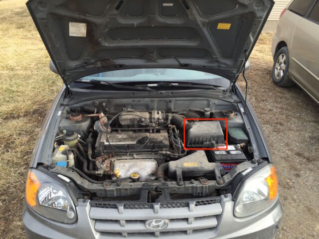 Location of the air filter box on Hyundai Accent