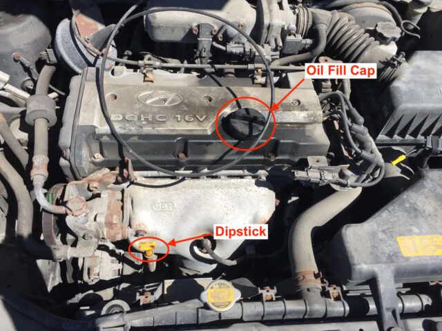 Location of dipstick and oil fill cap