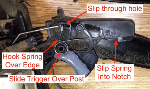 Diagram showing how to reinstall the throttle trigger and spring
