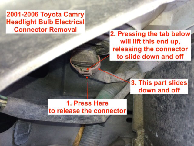 Toyota Camry Location of Low Beam Headlight Bulb Connector Tab