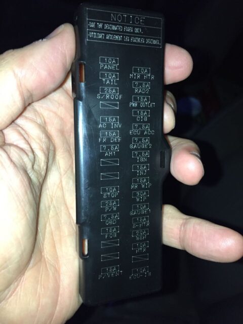 Diagram on cover of driver's instrument panel fuse box