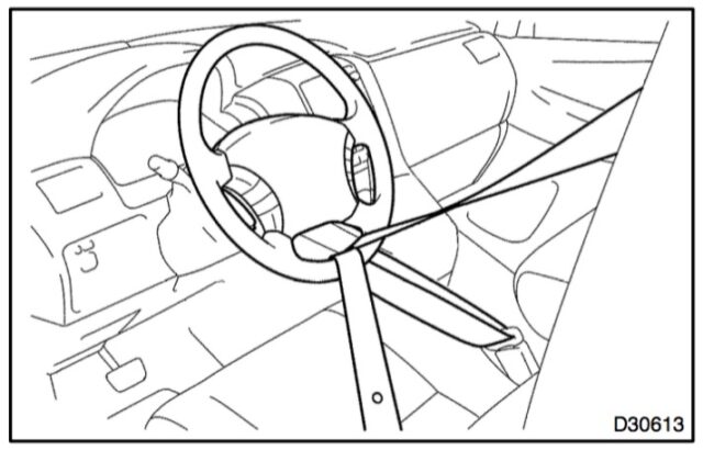 Diagram of using the seat belt to steady the steering wheel