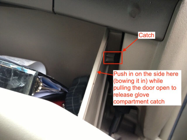 Diagram of how to release the glove compartment catches