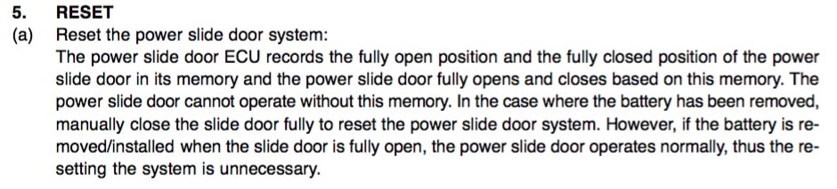 Toyota Sienna Slide Door ECU Reset Instructions