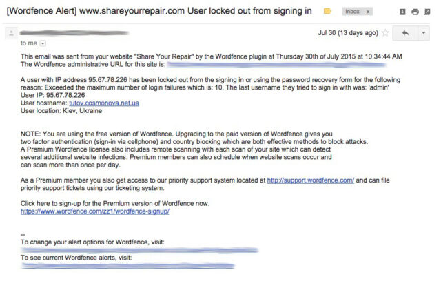 Wordfence email alert of a brute force admin attack