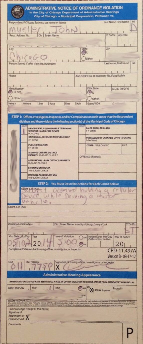 How to Contest a Chicago Driving While Using Mobile Telephone Without Hands-Free Device Ticket 9-76-230(a)