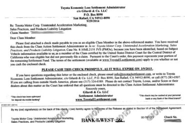 Toyota Economic Loss Settlement Administrator Letter and Check