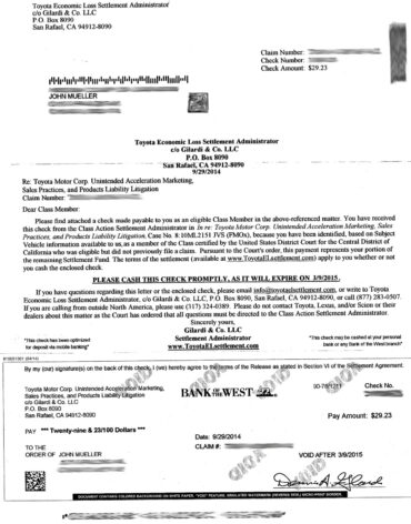 Toyota Economic Loss Settlement Administrator Letter and Check