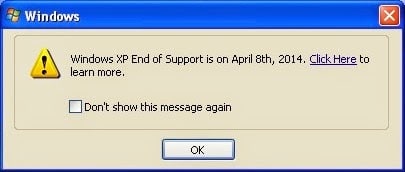 Windows XP End of Support Message Pop-Up Window