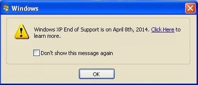 Windows XP End of Support Pop-Up Message